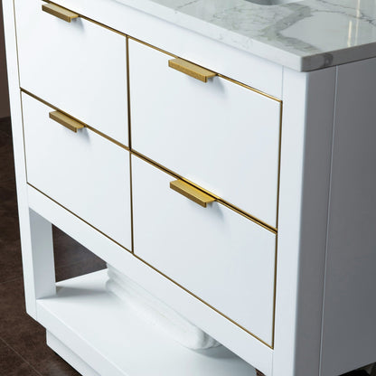 Woodbridge Venice 37" White and Gold Trim Solid Wood Vanity Base and Carrara Marble Top With 3 Pre-Drilled Holes for 4" Centerset Faucet