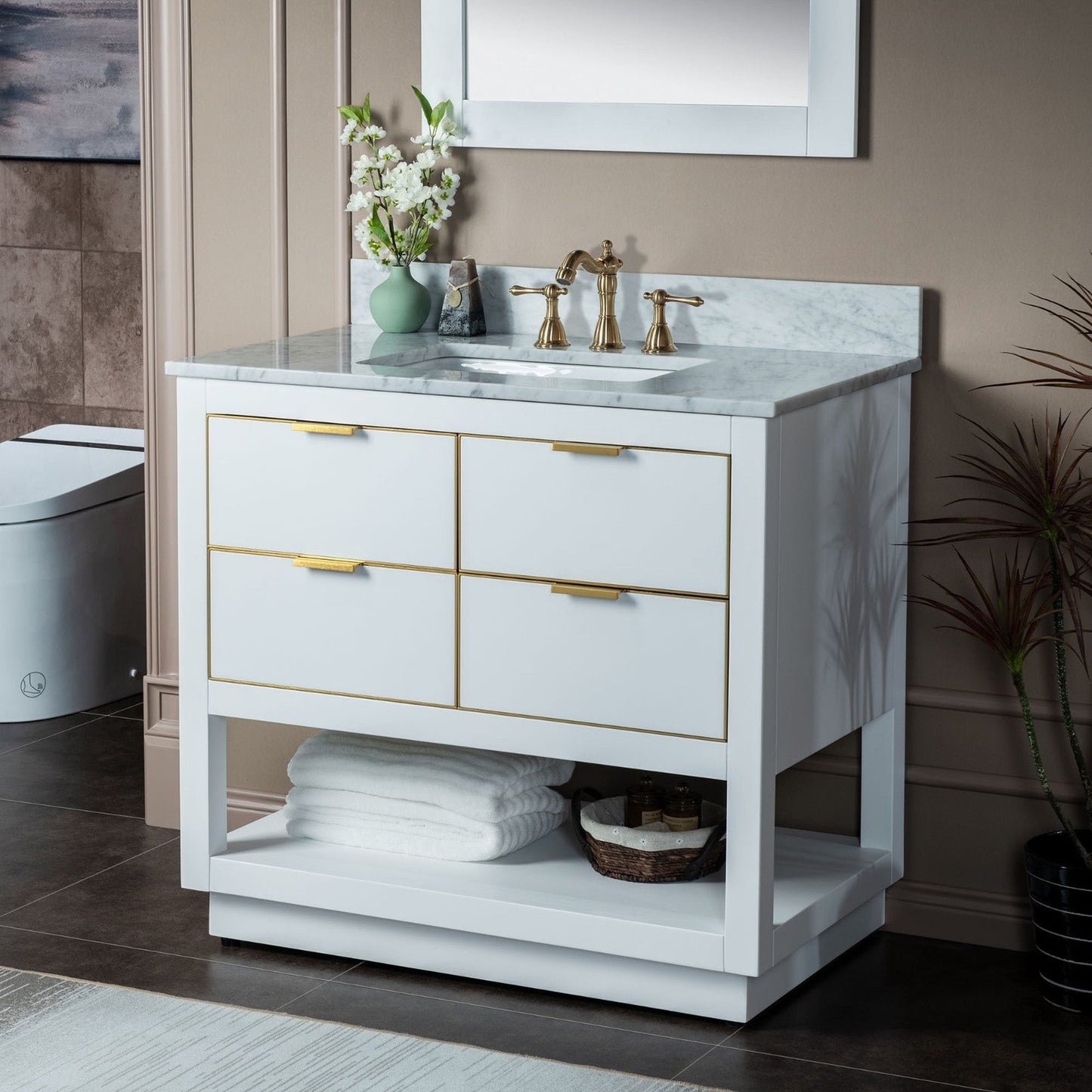 Woodbridge Venice 37" White and Gold Trim Solid Wood Vanity Base and Carrara Marble Top With 3 Pre-drilled Holes for 8" Widespread Faucet