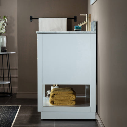 Woodbridge Venice 37" White and Gold Trim Solid Wood Vanity Base and Carrara Marble Top With Pre-Drilled Single Hole Faucet