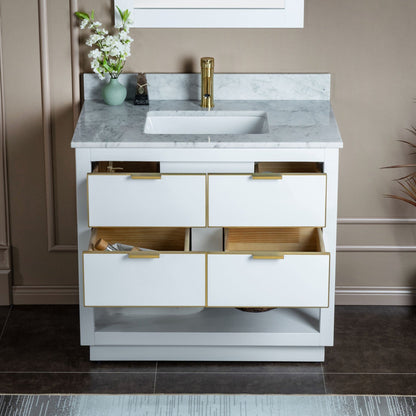 Woodbridge Venice 37" White and Gold Trim Solid Wood Vanity Base and Carrara Marble Top With Pre-Drilled Single Hole Faucet