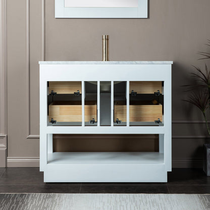 Woodbridge Venice 37" White and Gold Trim Solid Wood Vanity Base and Carrara Marble Top With Pre-Drilled Single Hole Faucet
