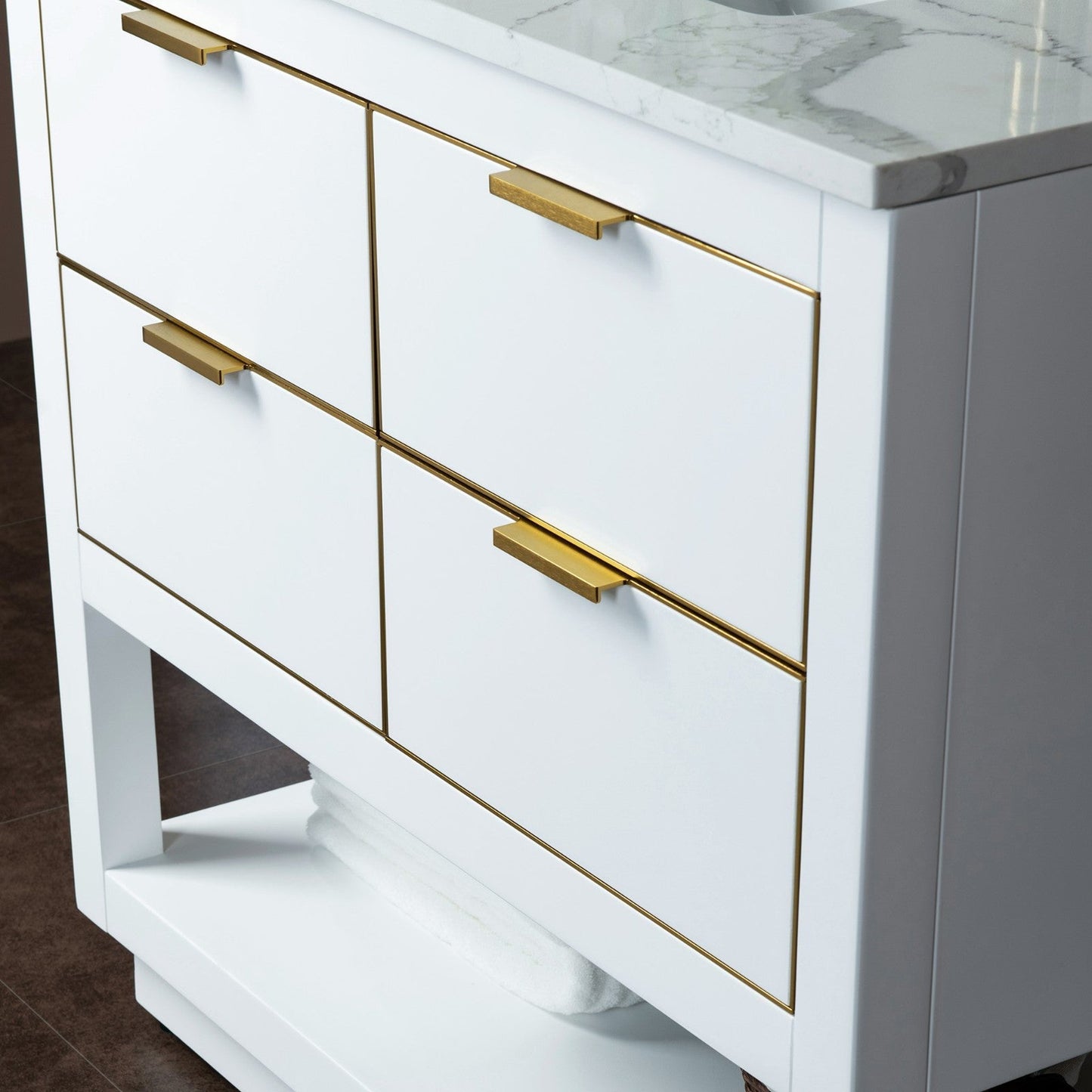 Woodbridge Venice 37" White and Gold Trim Solid Wood Vanity Base and Carrara Marble Top With Pre-Drilled Single Hole Faucet