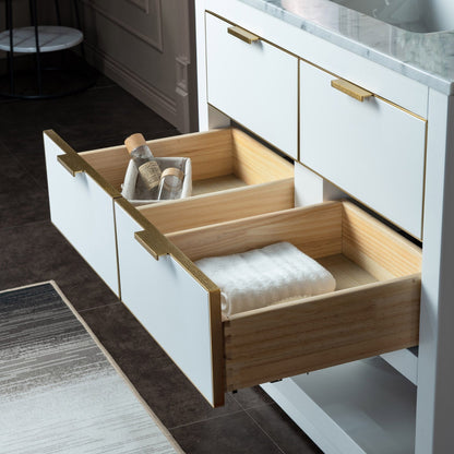 Woodbridge Venice 37" White and Gold Trim Solid Wood Vanity Base and Carrara Marble Top With Pre-Drilled Single Hole Faucet