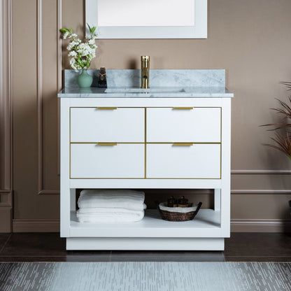 Woodbridge Venice 37" White and Gold Trim Solid Wood Vanity Base and Carrara Marble Top With Pre-Drilled Single Hole Faucet