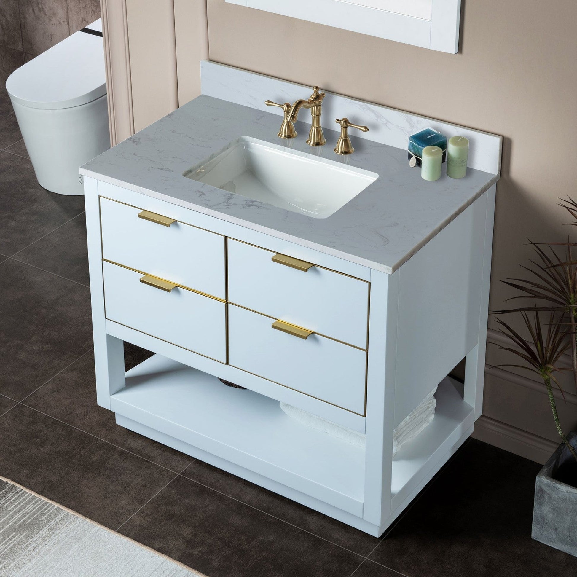 Woodbridge Venice 37" White and Gold Trim Solid Wood Vanity Base and Carrara White Engineered Stone Top With 3 Pre-drilled Holes for 8" Widespread Faucet