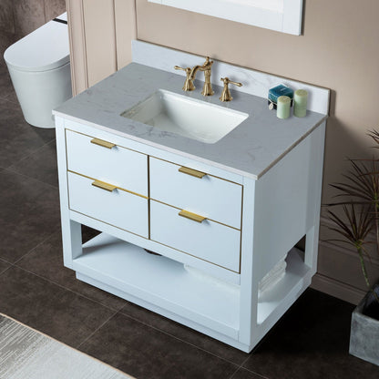 Woodbridge Venice 37" White and Gold Trim Solid Wood Vanity Base and Carrara White Engineered Stone Top With 3 Pre-drilled Holes for 8" Widespread Faucet