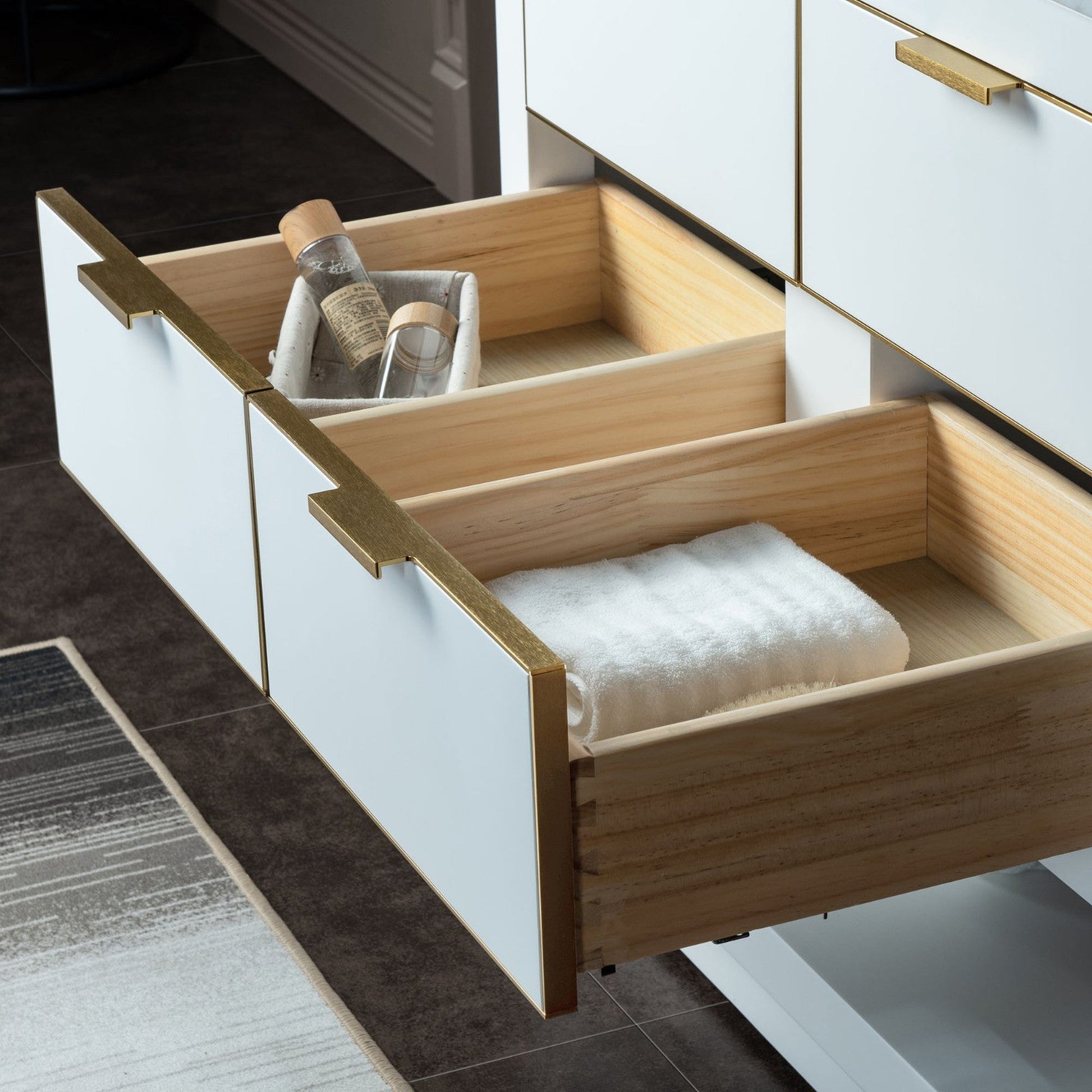 Woodbridge Venice 37" White and Gold Trim Solid Wood Vanity Base and Carrara White Engineered Stone Top With 3 Pre-drilled Holes for 8" Widespread Faucet