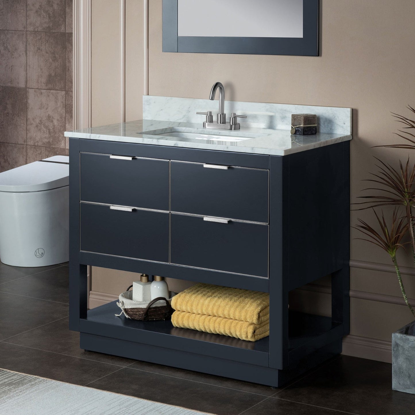 Woodbridge Venice 43" Gray and Brushed Nickel Trim Solid Wood Vanity Base and Carrara Marble Top With 3 Pre-Drilled Holes for 4" Centerset Faucet
