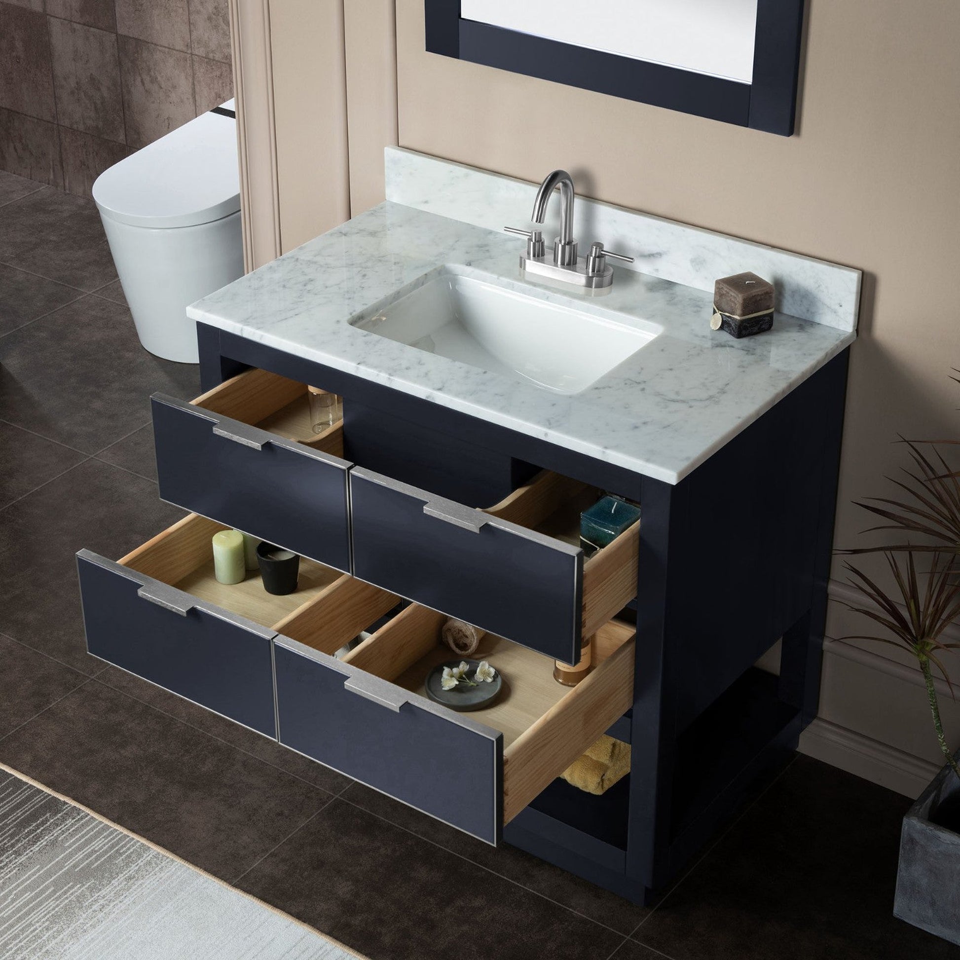 Woodbridge Venice 43" Gray and Brushed Nickel Trim Solid Wood Vanity Base and Carrara Marble Top With 3 Pre-Drilled Holes for 4" Centerset Faucet