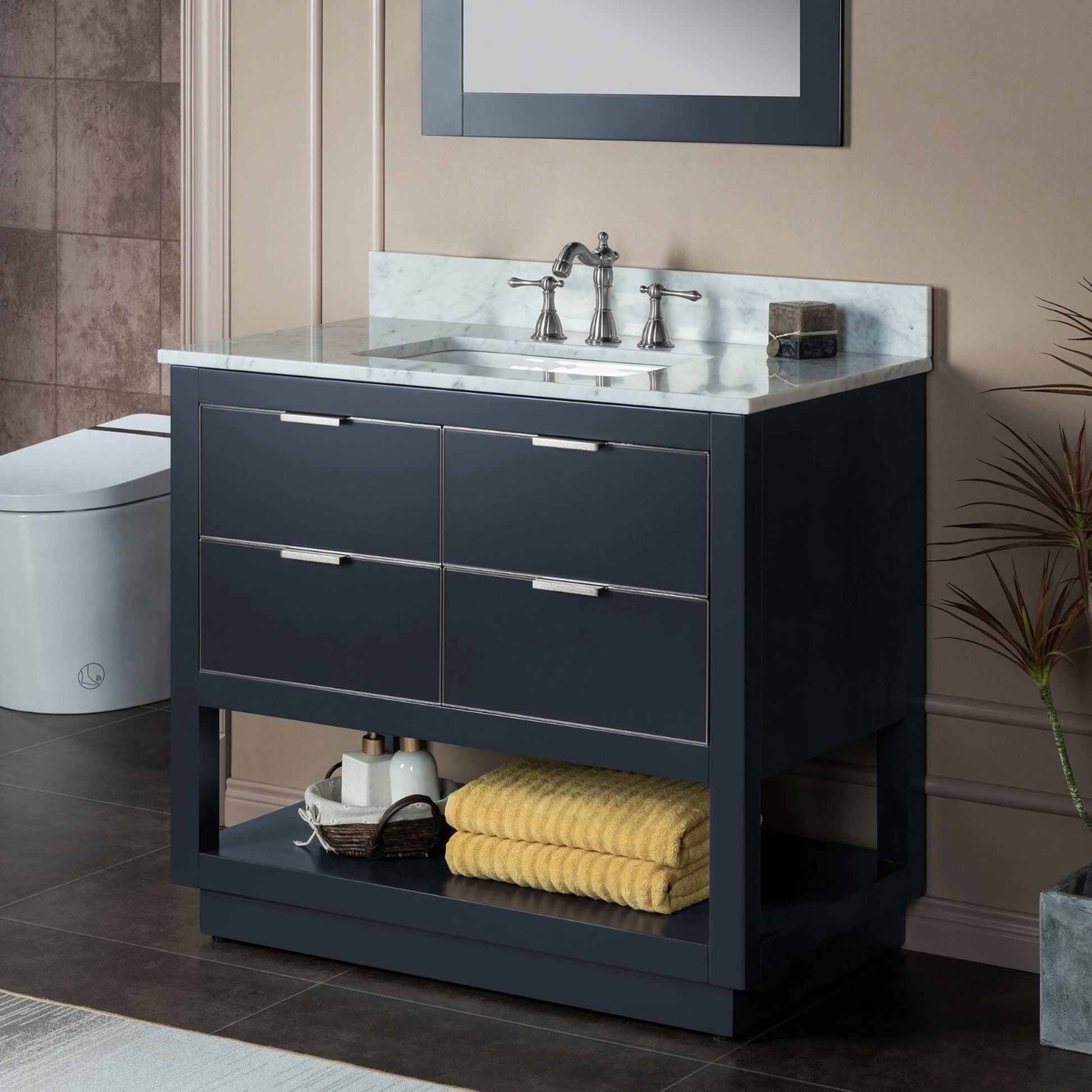 Woodbridge Venice 43" Gray and Brushed Nickel Trim Solid Wood Vanity Base and Carrara Marble Top With 3 Pre-drilled Holes for 8" Widespread Faucet