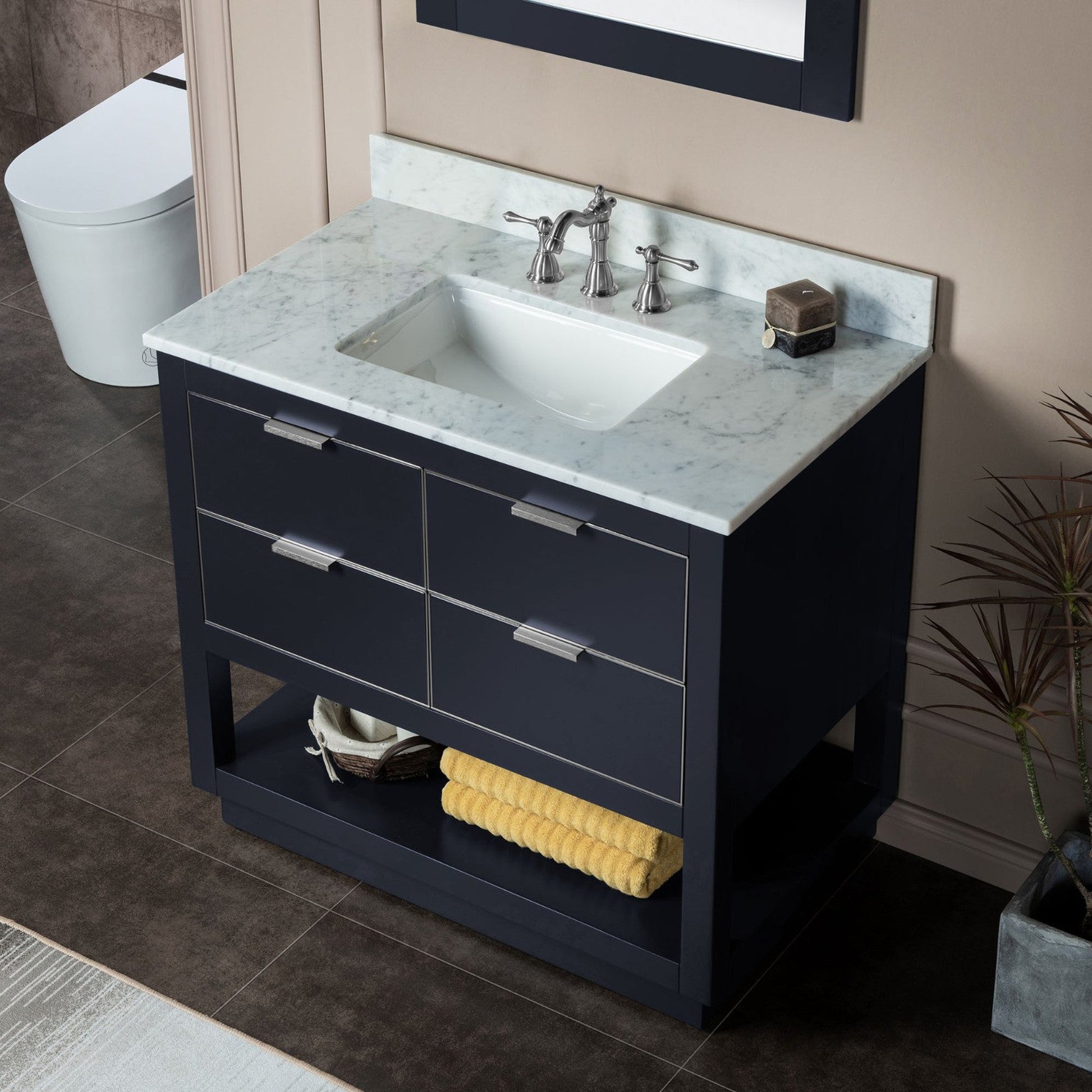 Woodbridge Venice 43" Gray and Brushed Nickel Trim Solid Wood Vanity Base and Carrara Marble Top With 3 Pre-drilled Holes for 8" Widespread Faucet
