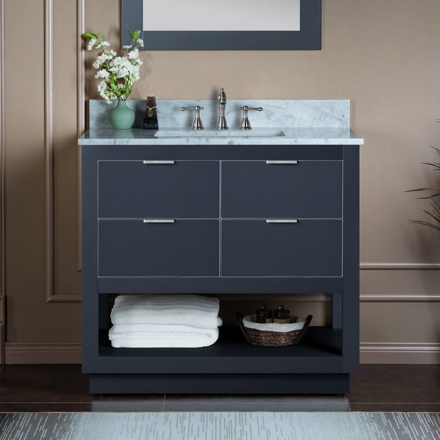 Woodbridge Venice 43" Gray and Brushed Nickel Trim Solid Wood Vanity Base and Carrara Marble Top With 3 Pre-drilled Holes for 8" Widespread Faucet