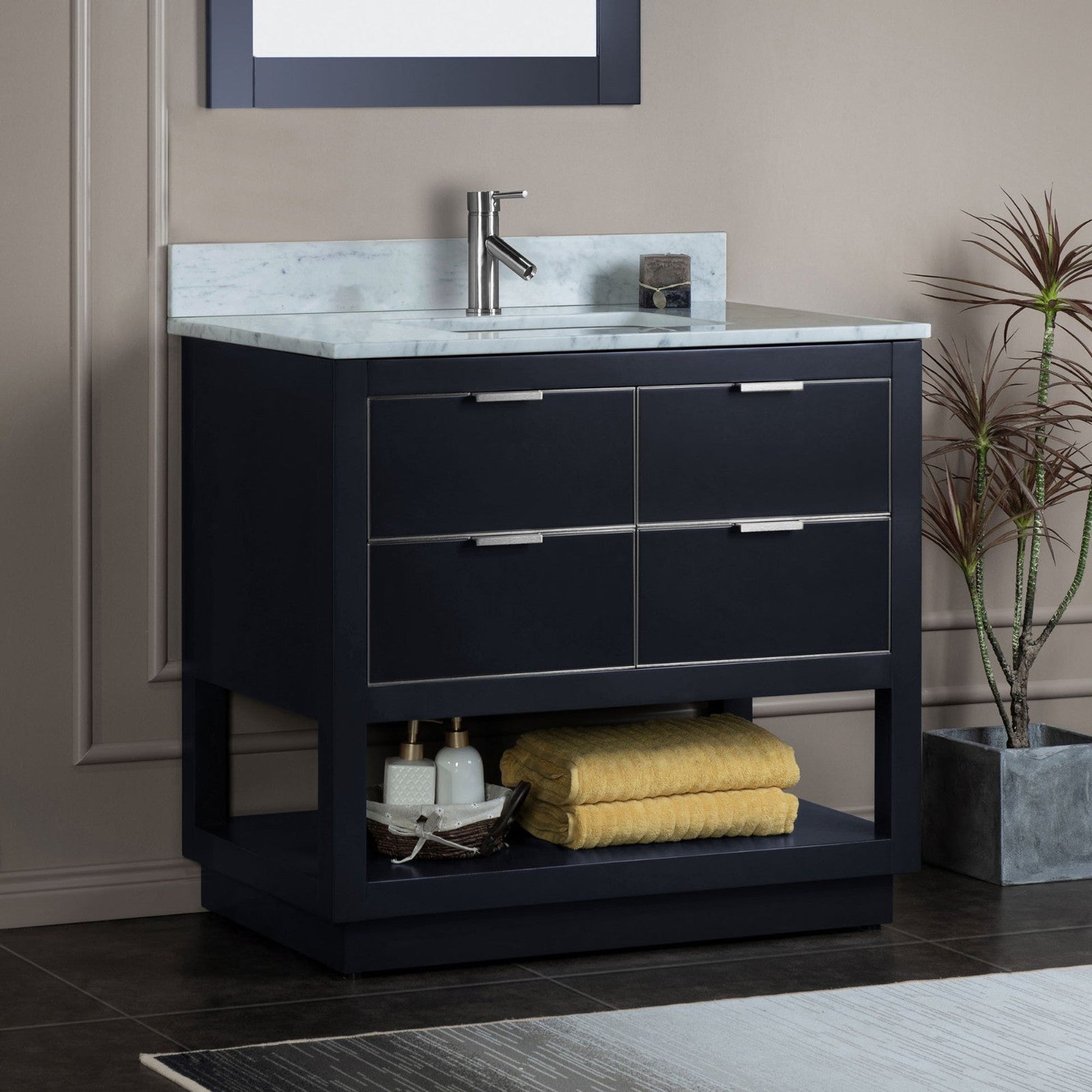 Woodbridge Venice 43" Gray and Brushed Nickel Trim Solid Wood Vanity Base and Carrara Marble Top With Pre-Drilled Single Hole Faucet