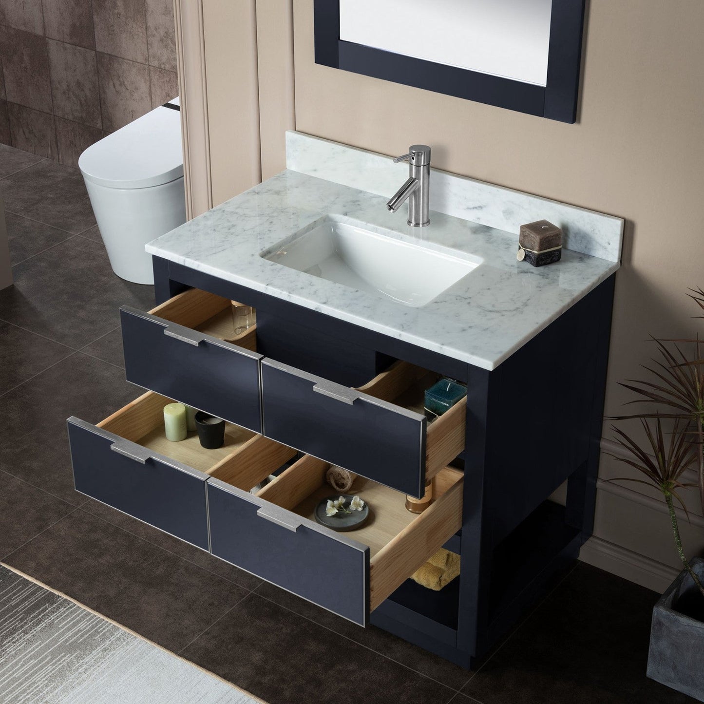 Woodbridge Venice 43" Gray and Brushed Nickel Trim Solid Wood Vanity Base and Carrara Marble Top With Pre-Drilled Single Hole Faucet