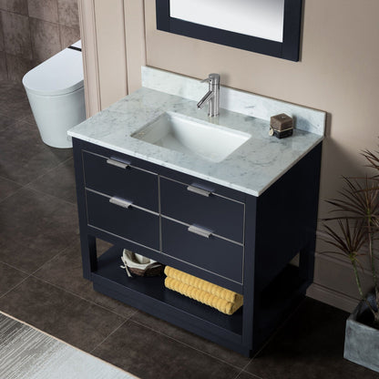 Woodbridge Venice 43" Gray and Brushed Nickel Trim Solid Wood Vanity Base and Carrara Marble Top With Pre-Drilled Single Hole Faucet