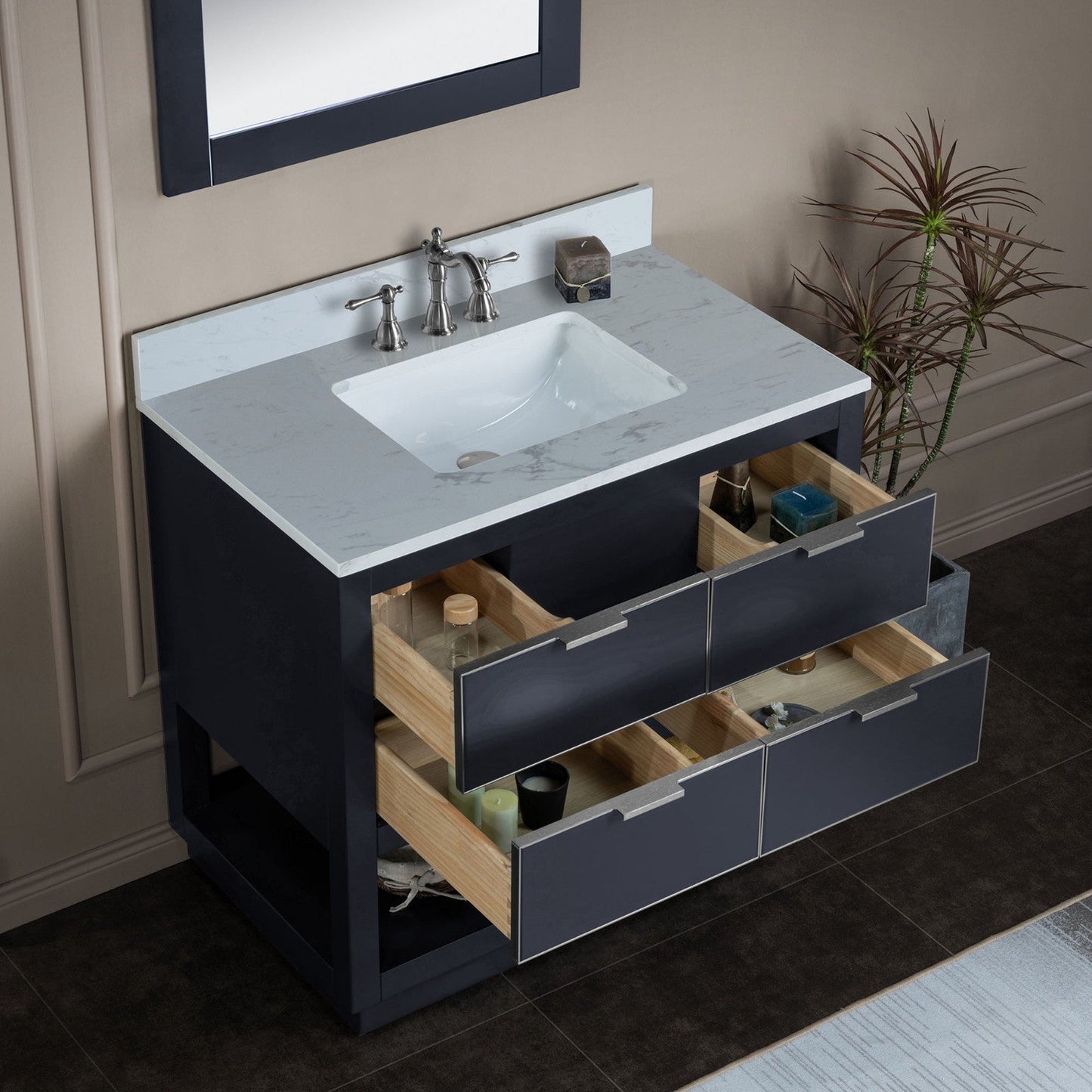 Woodbridge Venice 43" Gray and Brushed Nickel Trim Solid Wood Vanity Base and Carrara White Engineered Stone Top With 3 Pre-drilled Holes for 8" Widespread Faucet