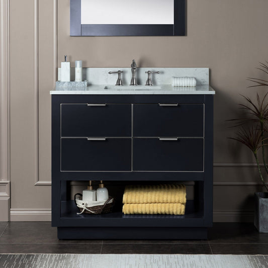 Woodbridge Venice 43" Gray and Brushed Nickel Trim Solid Wood Vanity Base and Carrara White Engineered Stone Top With 3 Pre-drilled Holes for 8" Widespread Faucet