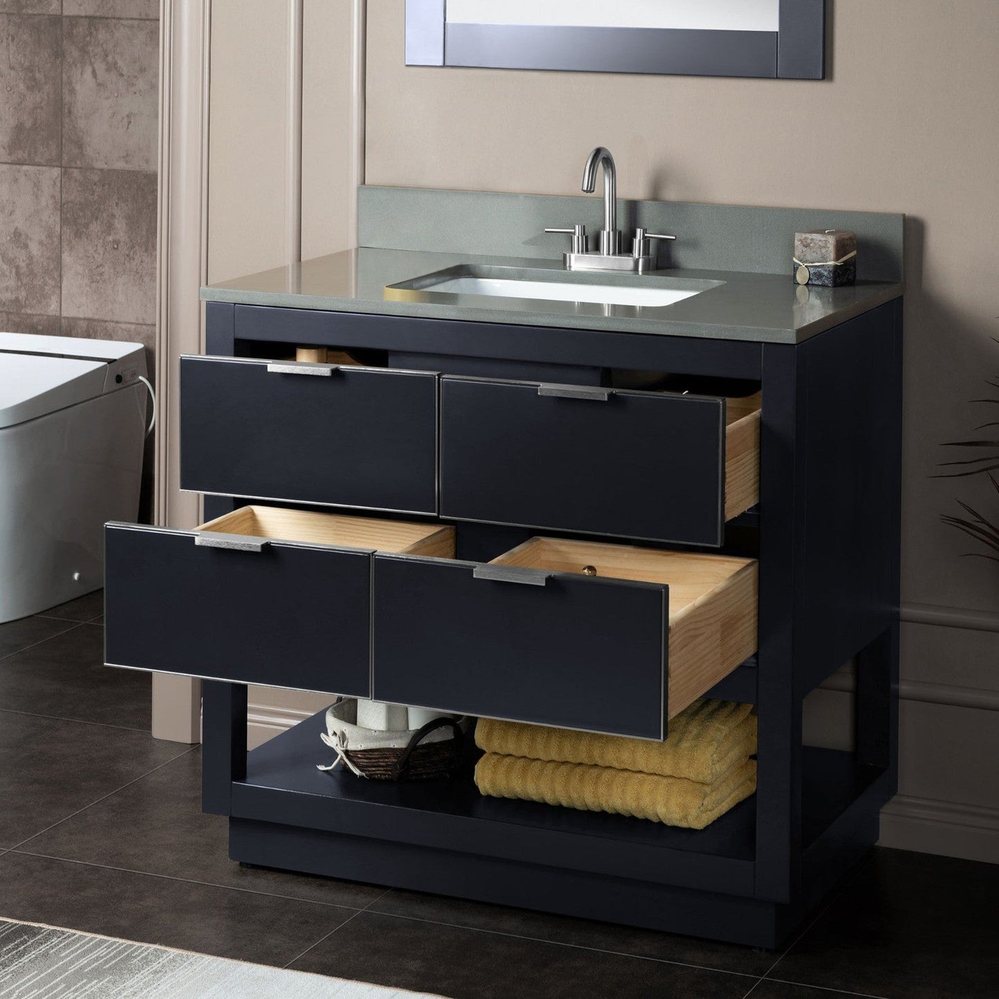 Woodbridge Venice 43" Gray and Brushed Nickel Trim Solid Wood Vanity Base and Dark Gray Engineered Stone Composite Top With 3 Pre-Drilled Holes for 4" Centerset Faucet