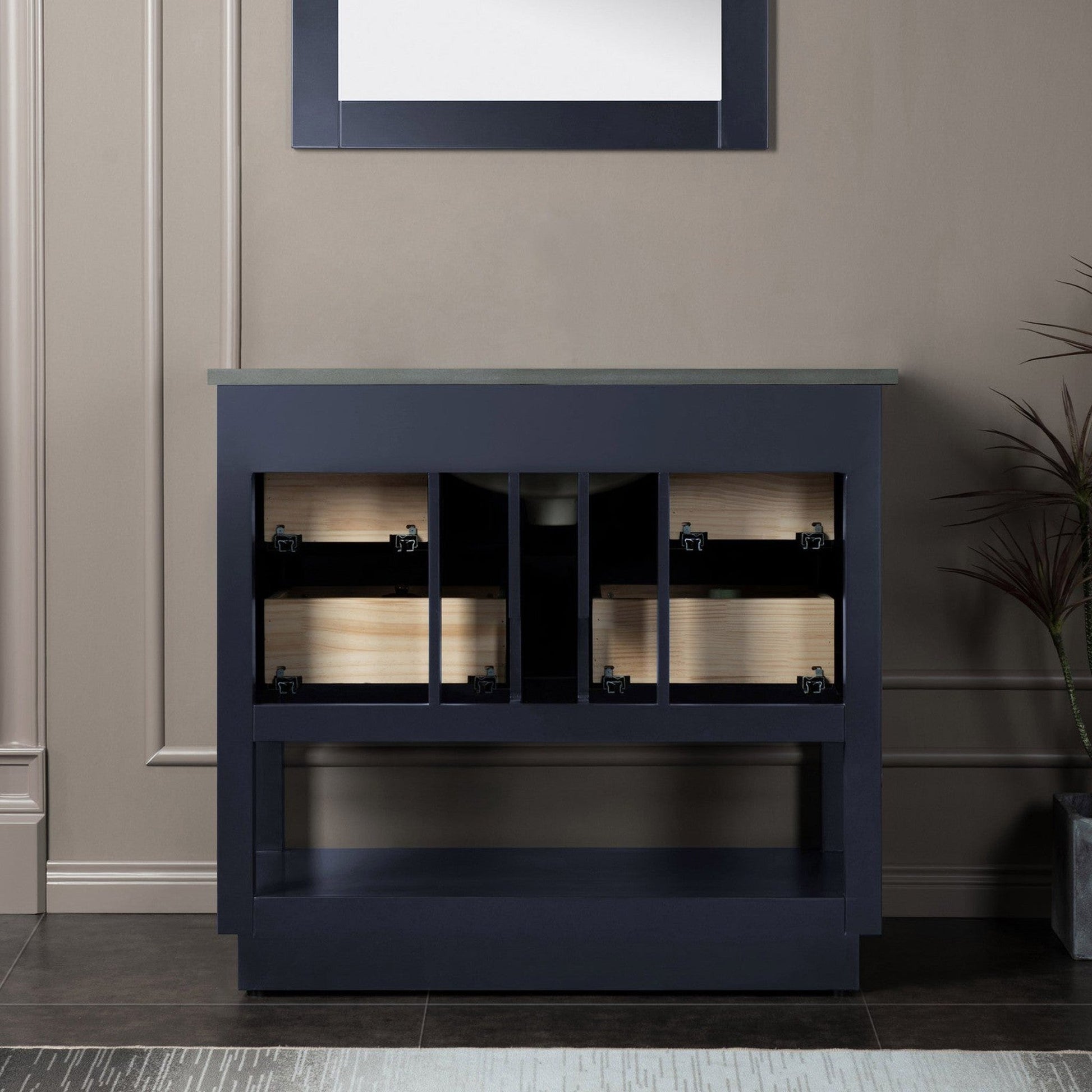 Woodbridge Venice 43" Gray and Brushed Nickel Trim Solid Wood Vanity Base and Dark Gray Engineered Stone Composite Top With 3 Pre-Drilled Holes for 4" Centerset Faucet