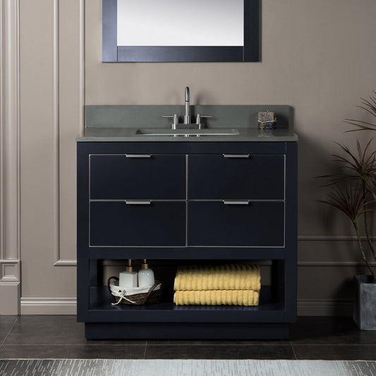 Woodbridge Venice 43" Gray and Brushed Nickel Trim Solid Wood Vanity Base and Dark Gray Engineered Stone Composite Top With 3 Pre-Drilled Holes for 4" Centerset Faucet