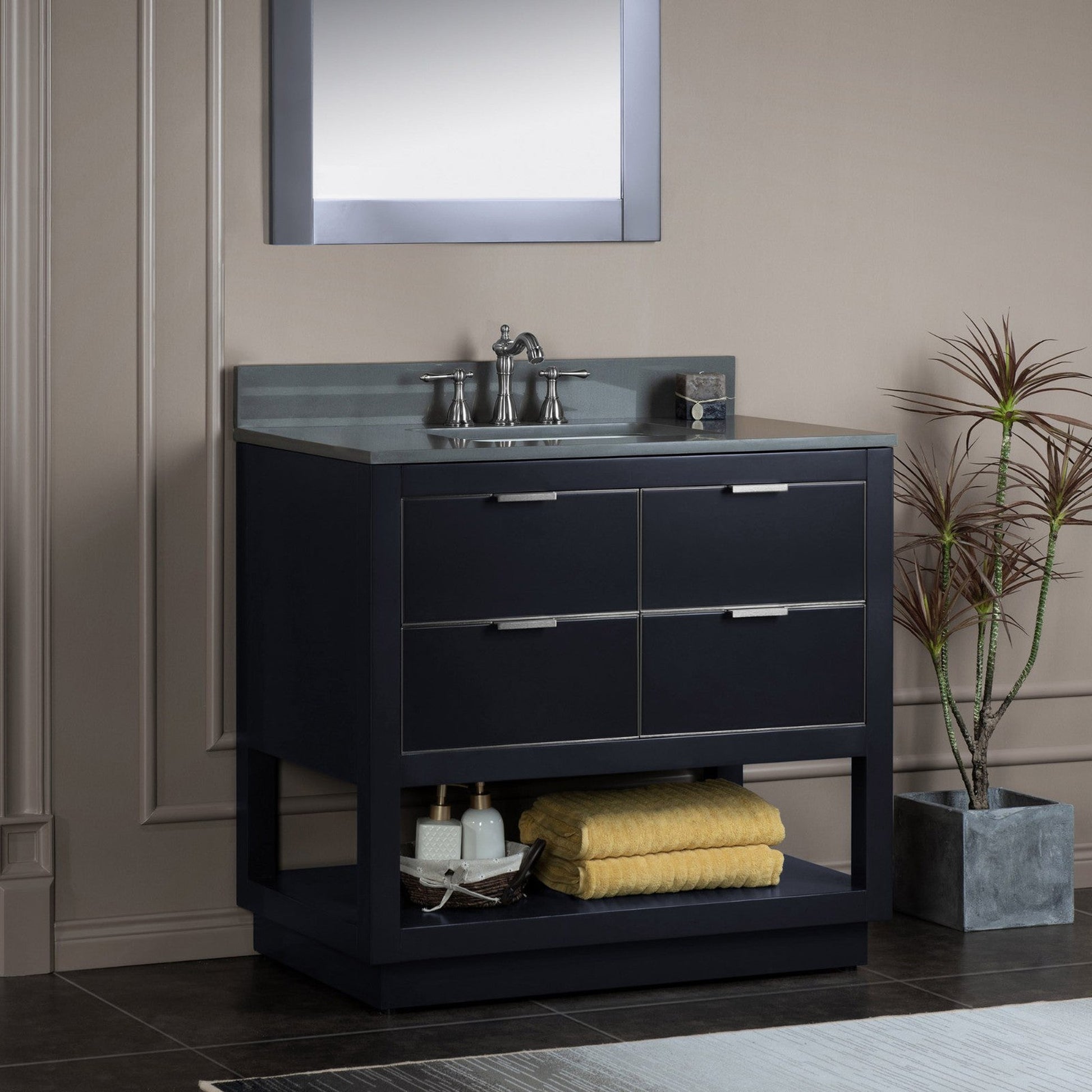 Woodbridge Venice 43" Gray and Brushed Nickel Trim Solid Wood Vanity Base and Dark Gray Engineered Stone Composite Top With 3 Pre-drilled Holes for 8" Widespread Faucet