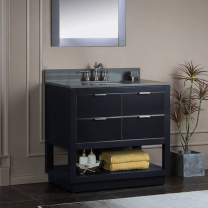 Woodbridge Venice 43" Gray and Brushed Nickel Trim Solid Wood Vanity Base and Dark Gray Engineered Stone Composite Top With 3 Pre-drilled Holes for 8" Widespread Faucet
