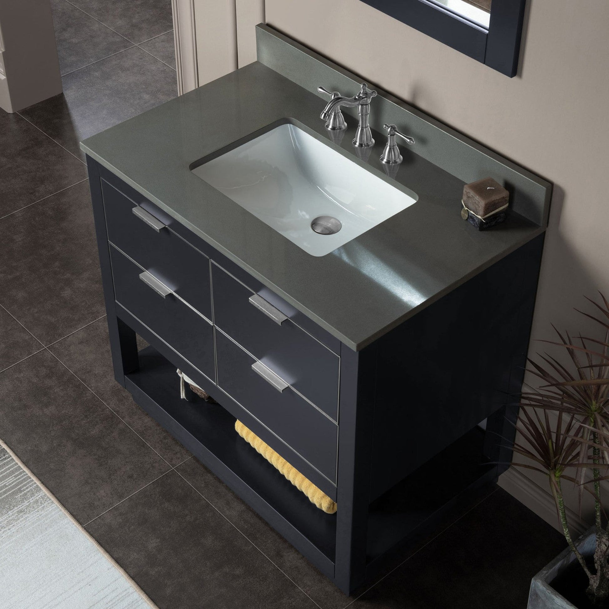 Woodbridge Venice 43" Gray and Brushed Nickel Trim Solid Wood Vanity Base and Dark Gray Engineered Stone Composite Top With 3 Pre-drilled Holes for 8" Widespread Faucet