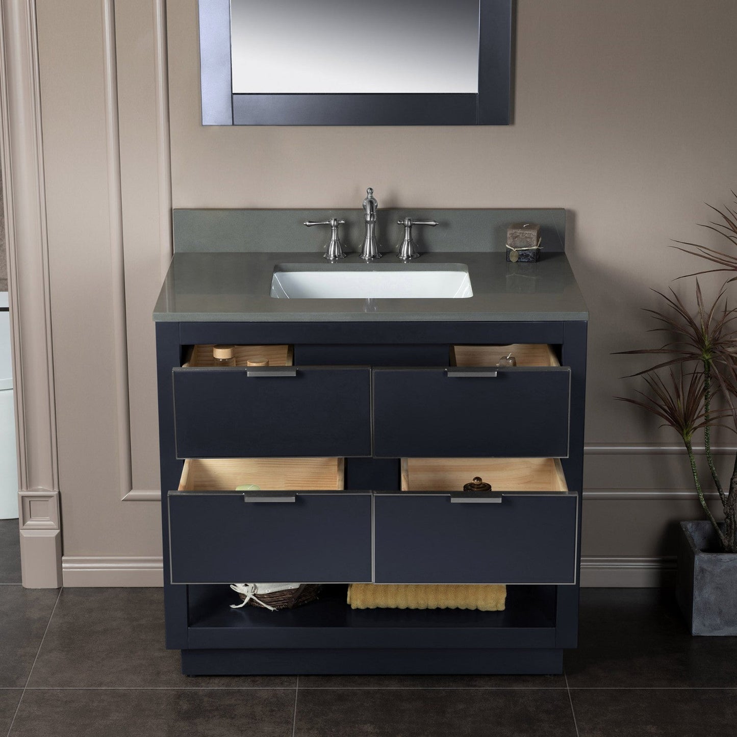 Woodbridge Venice 43" Gray and Brushed Nickel Trim Solid Wood Vanity Base and Dark Gray Engineered Stone Composite Top With 3 Pre-drilled Holes for 8" Widespread Faucet