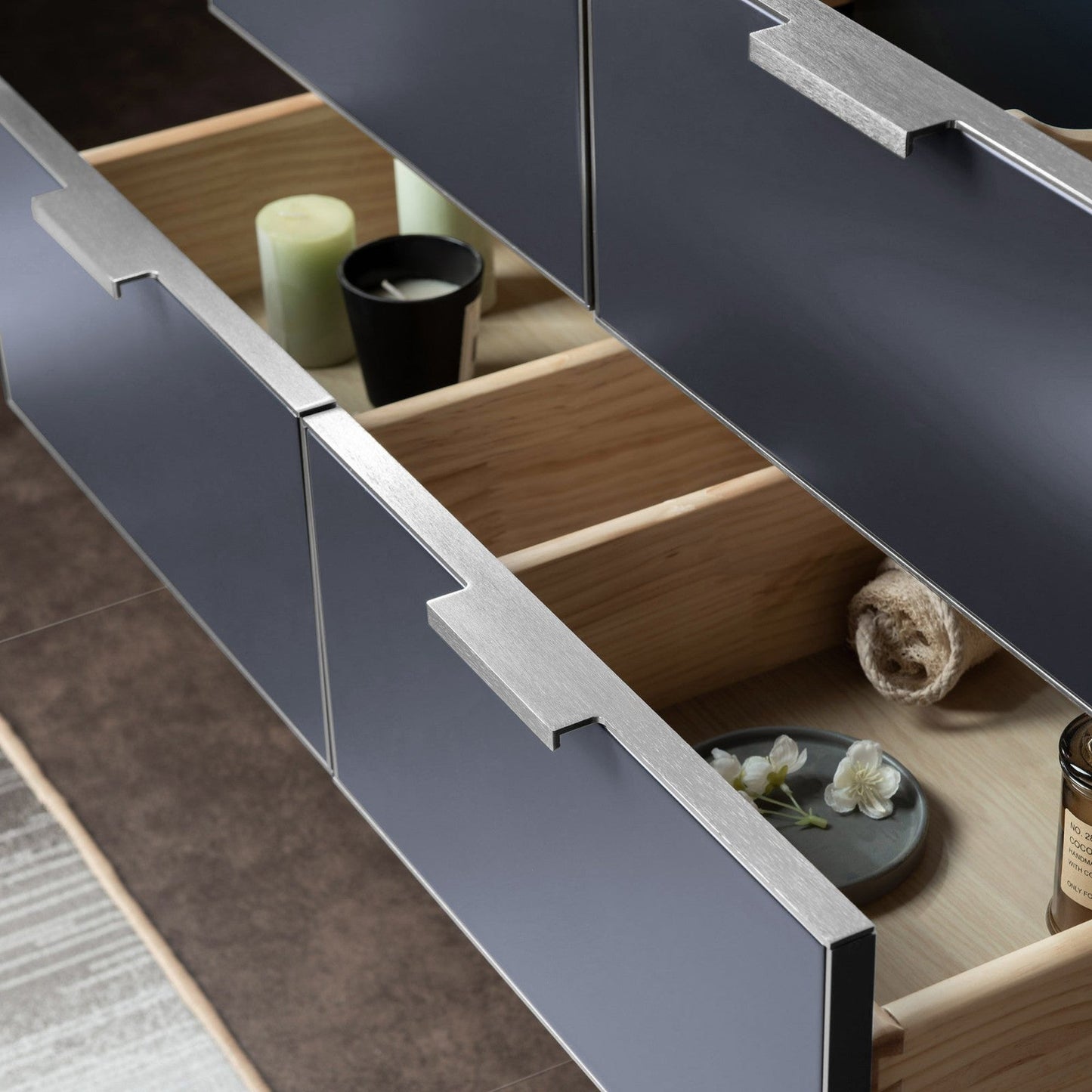 Woodbridge Venice 43" Gray and Brushed Nickel Trim Solid Wood Vanity Base and Dark Gray Engineered Stone Composite Top With 3 Pre-drilled Holes for 8" Widespread Faucet
