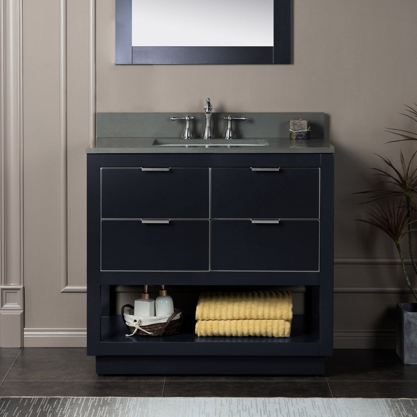 Woodbridge Venice 43" Gray and Brushed Nickel Trim Solid Wood Vanity Base and Dark Gray Engineered Stone Composite Top With 3 Pre-drilled Holes for 8" Widespread Faucet
