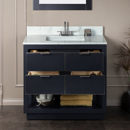 Woodbridge Venice 43" Gray and Brushed Nickel Trim Solid Wood Vanity Base and Fish Belly White Engineered Stone Composite Top With 3 Pre-Drilled Holes for 4" Centerset Faucet