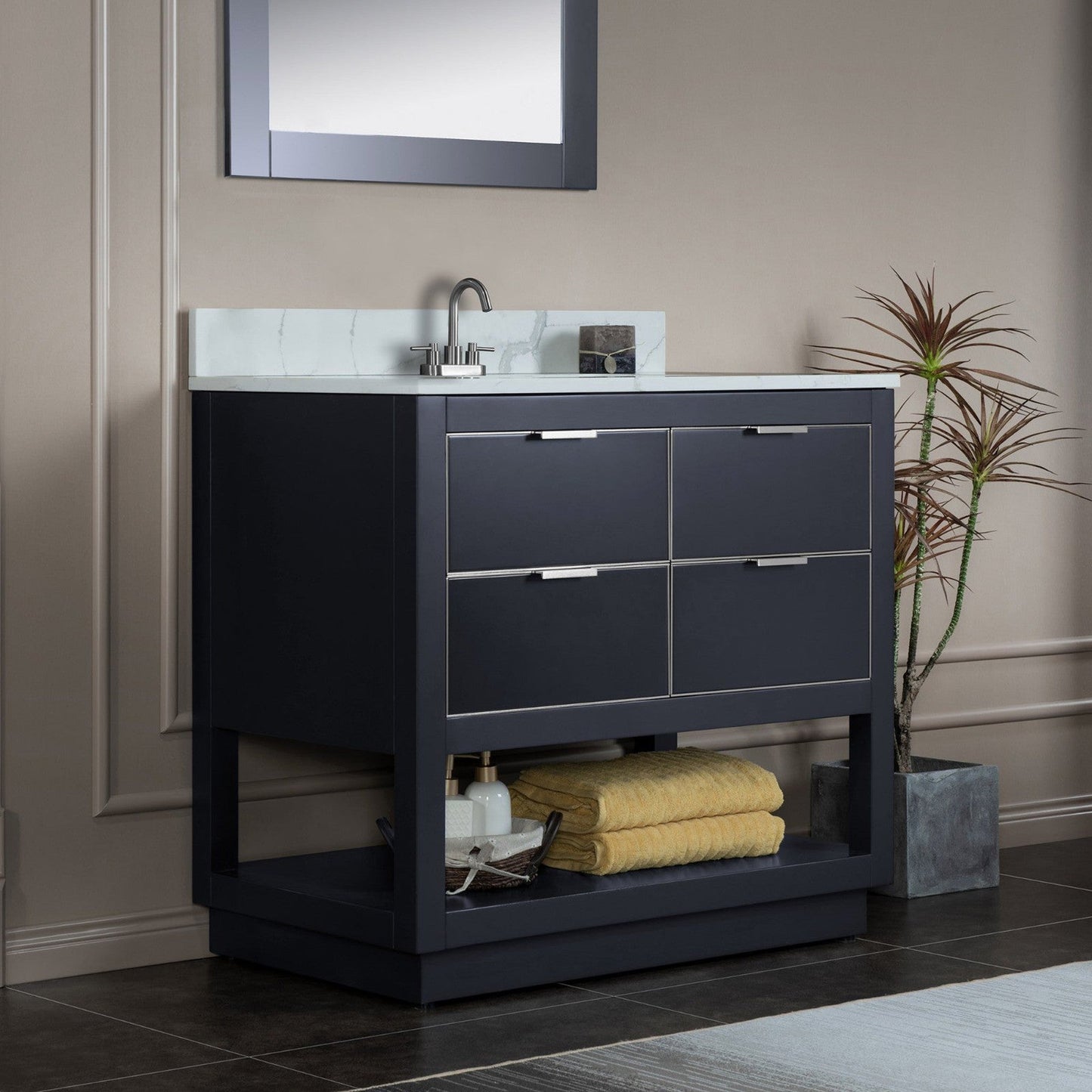 Woodbridge Venice 43" Gray and Brushed Nickel Trim Solid Wood Vanity Base and Fish Belly White Engineered Stone Composite Top With 3 Pre-Drilled Holes for 4" Centerset Faucet
