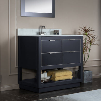 Woodbridge Venice 43" Gray and Brushed Nickel Trim Solid Wood Vanity Base and Fish Belly White Engineered Stone Composite Top With 3 Pre-Drilled Holes for 4" Centerset Faucet