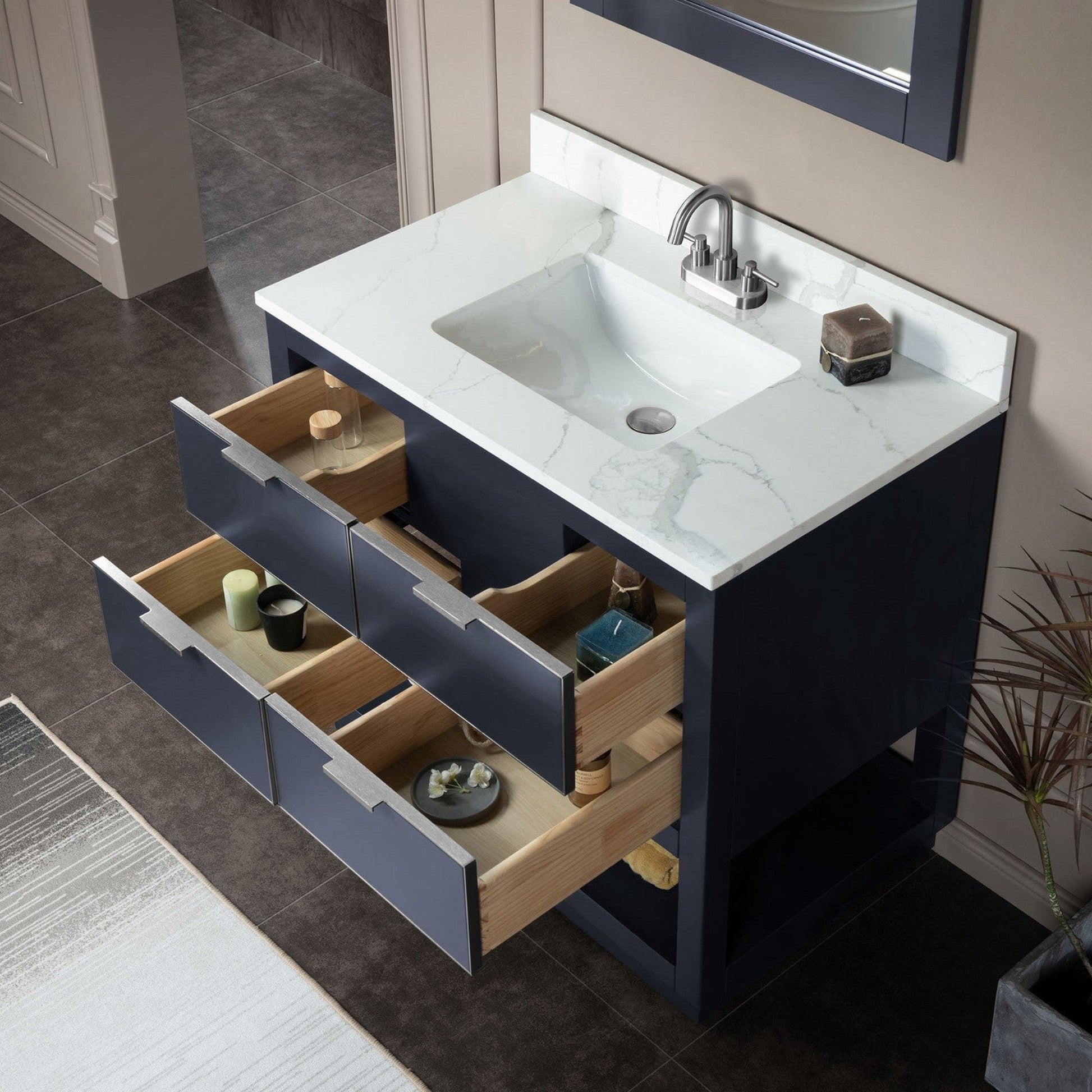 Woodbridge Venice 43" Gray and Brushed Nickel Trim Solid Wood Vanity Base and Fish Belly White Engineered Stone Composite Top With 3 Pre-Drilled Holes for 4" Centerset Faucet