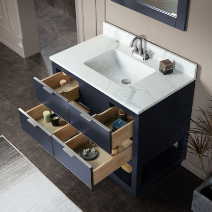 Woodbridge Venice 43" Gray and Brushed Nickel Trim Solid Wood Vanity Base and Fish Belly White Engineered Stone Composite Top With 3 Pre-Drilled Holes for 4" Centerset Faucet