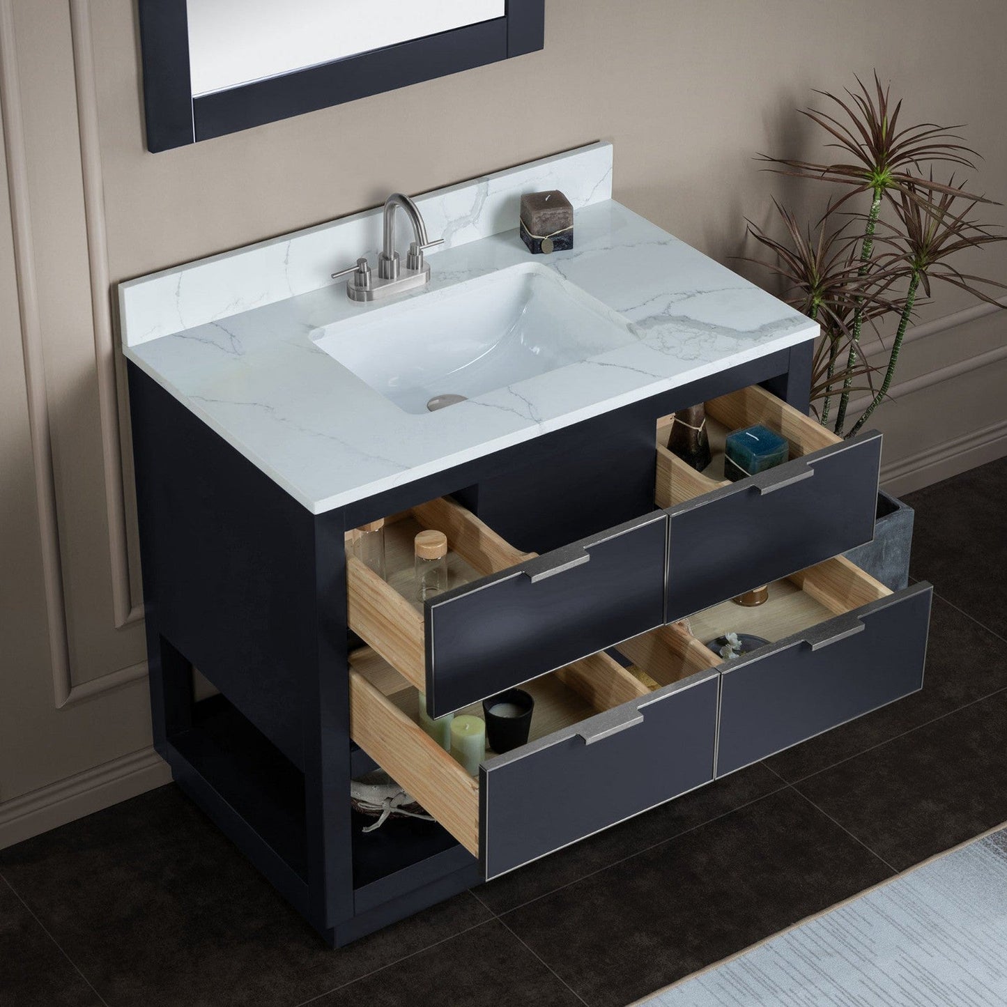 Woodbridge Venice 43" Gray and Brushed Nickel Trim Solid Wood Vanity Base and Fish Belly White Engineered Stone Composite Top With 3 Pre-Drilled Holes for 4" Centerset Faucet