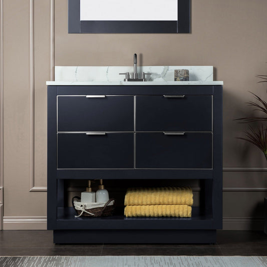 Woodbridge Venice 43" Gray and Brushed Nickel Trim Solid Wood Vanity Base and Fish Belly White Engineered Stone Composite Top With 3 Pre-Drilled Holes for 4" Centerset Faucet