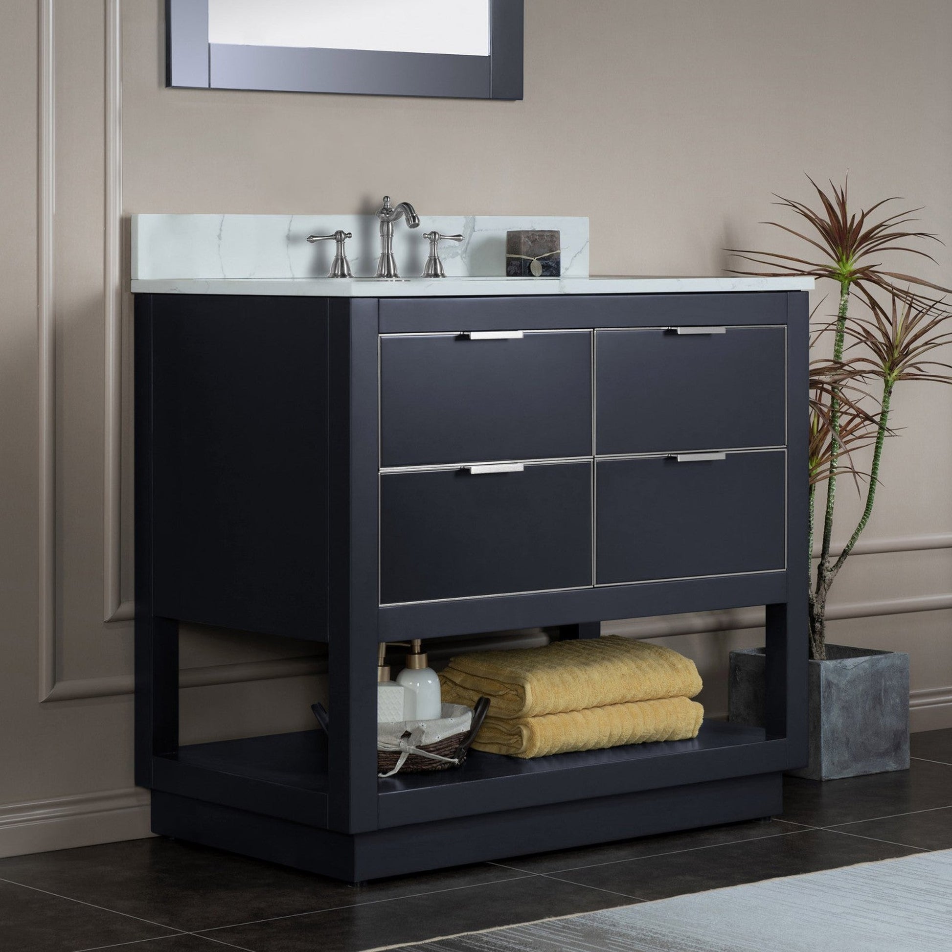 Woodbridge Venice 43" Gray and Brushed Nickel Trim Solid Wood Vanity Base and Fish Belly White Engineered Stone Composite Top With 3 Pre-drilled Holes for 8" Widespread Faucet