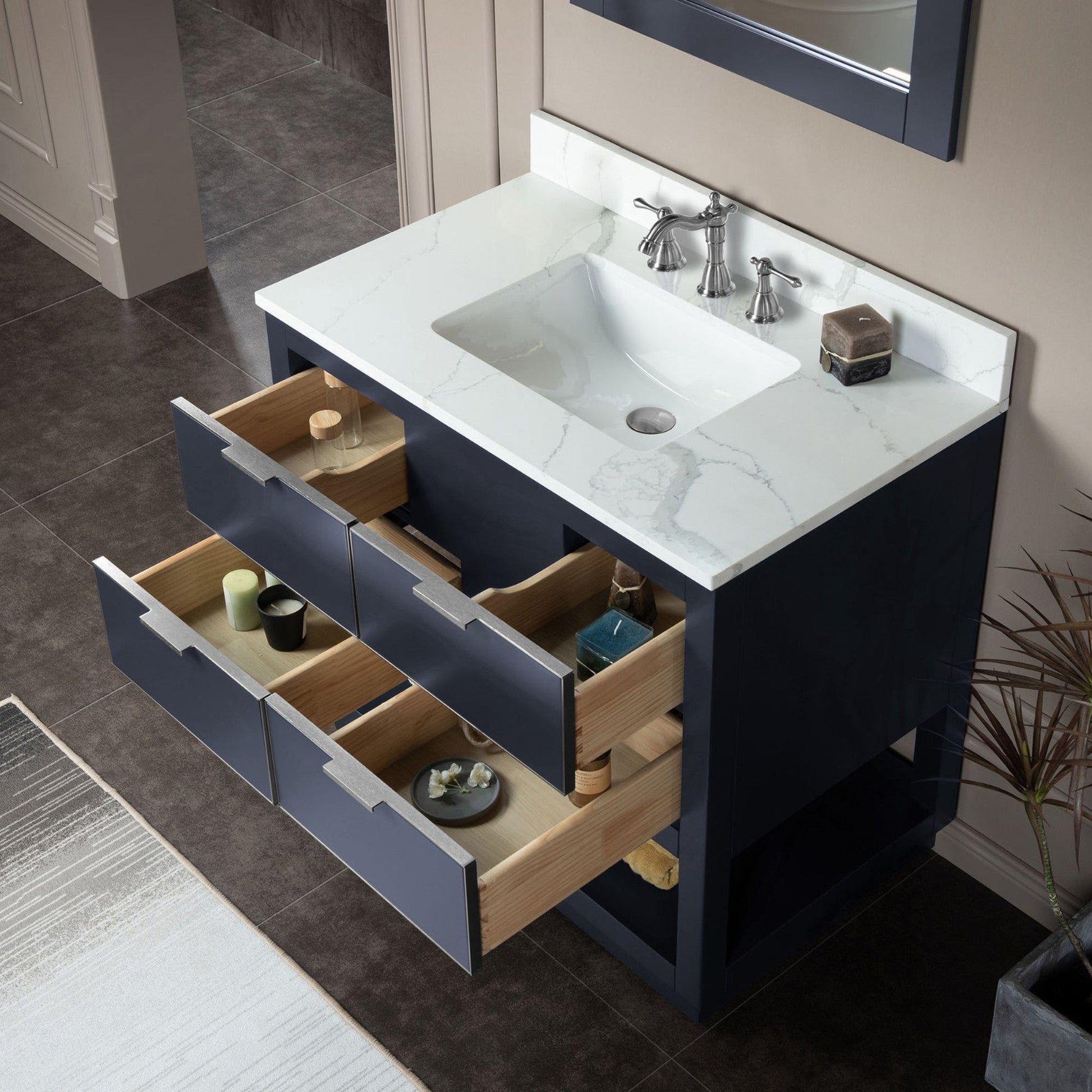 Woodbridge Venice 43" Gray and Brushed Nickel Trim Solid Wood Vanity Base and Fish Belly White Engineered Stone Composite Top With 3 Pre-drilled Holes for 8" Widespread Faucet
