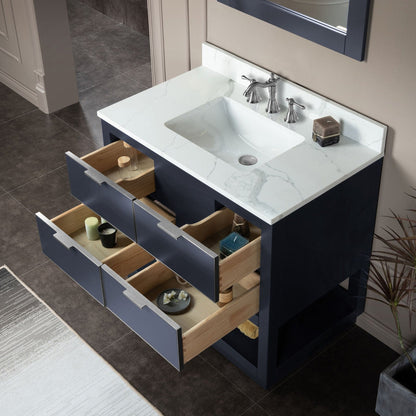 Woodbridge Venice 43" Gray and Brushed Nickel Trim Solid Wood Vanity Base and Fish Belly White Engineered Stone Composite Top With 3 Pre-drilled Holes for 8" Widespread Faucet