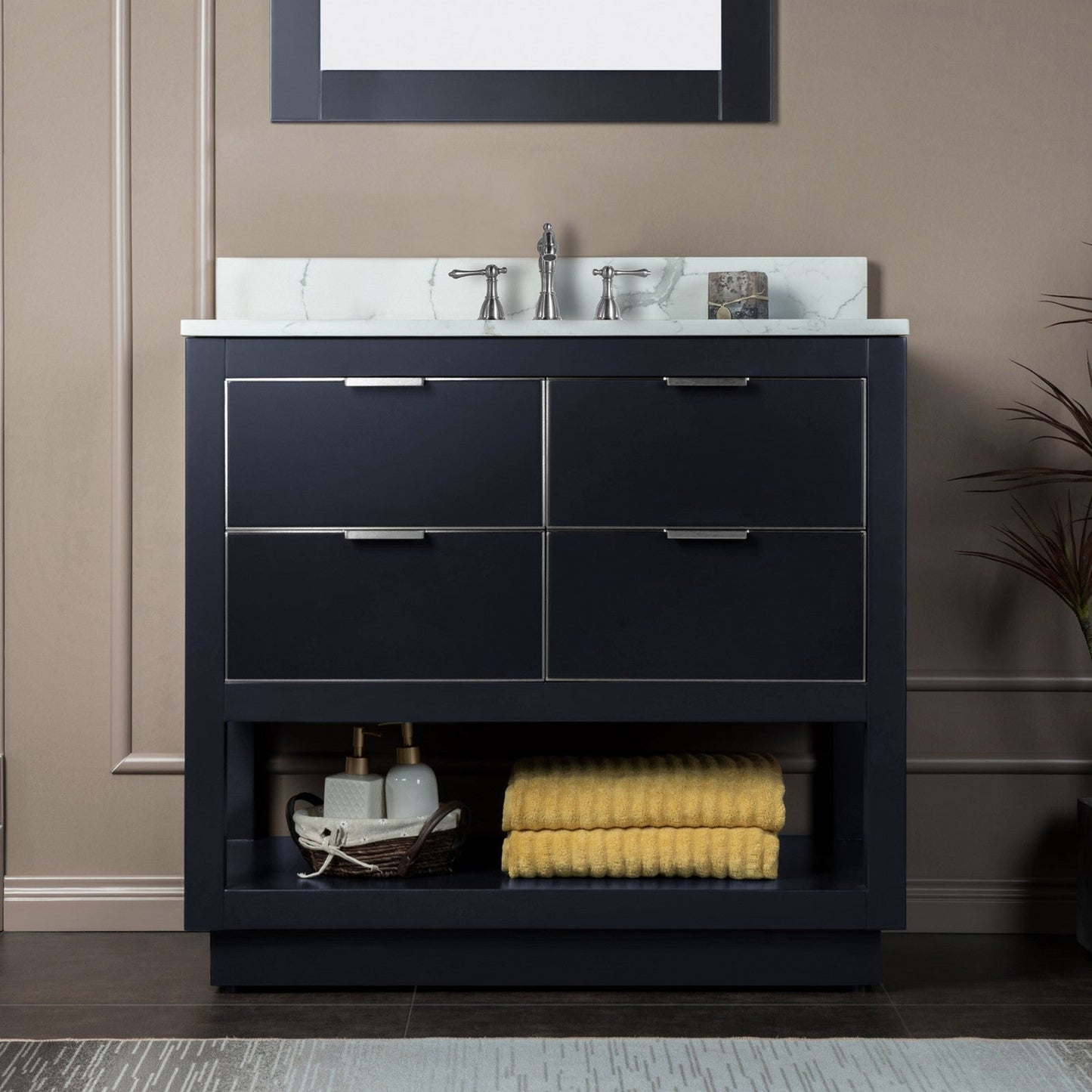 Woodbridge Venice 43" Gray and Brushed Nickel Trim Solid Wood Vanity Base and Fish Belly White Engineered Stone Composite Top With 3 Pre-drilled Holes for 8" Widespread Faucet