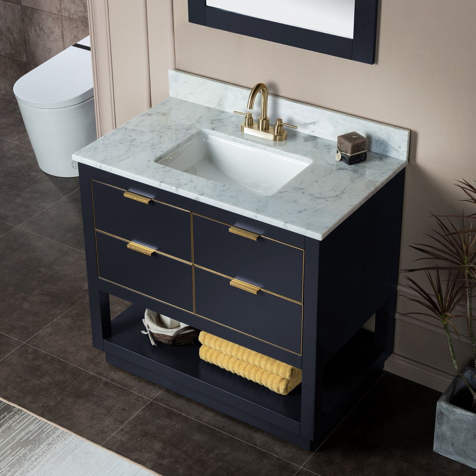 Woodbridge Venice 43" Gray and Gold Trim Solid Wood Vanity Base and Carrara Marble Top With 3 Pre-Drilled Holes for 4" Centerset Faucet