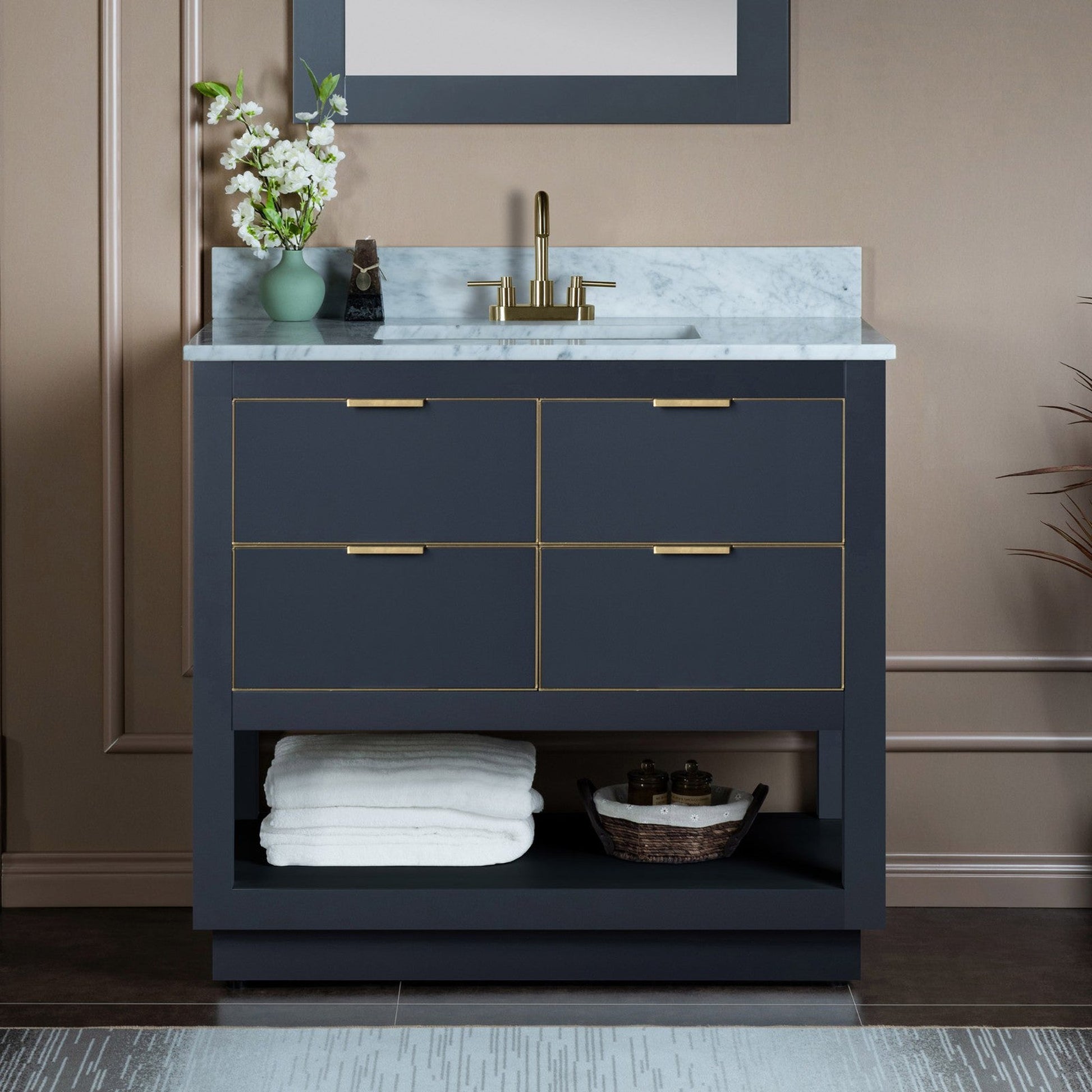 Woodbridge Venice 43" Gray and Gold Trim Solid Wood Vanity Base and Carrara Marble Top With 3 Pre-Drilled Holes for 4" Centerset Faucet
