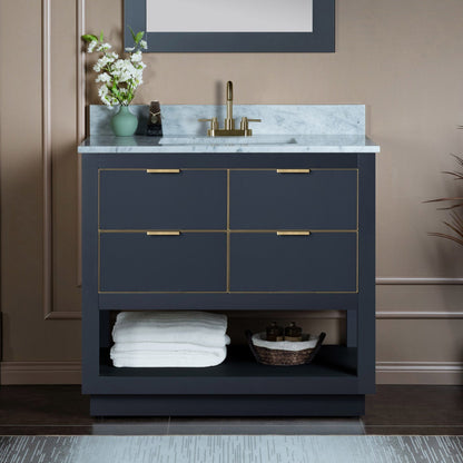 Woodbridge Venice 43" Gray and Gold Trim Solid Wood Vanity Base and Carrara Marble Top With 3 Pre-Drilled Holes for 4" Centerset Faucet