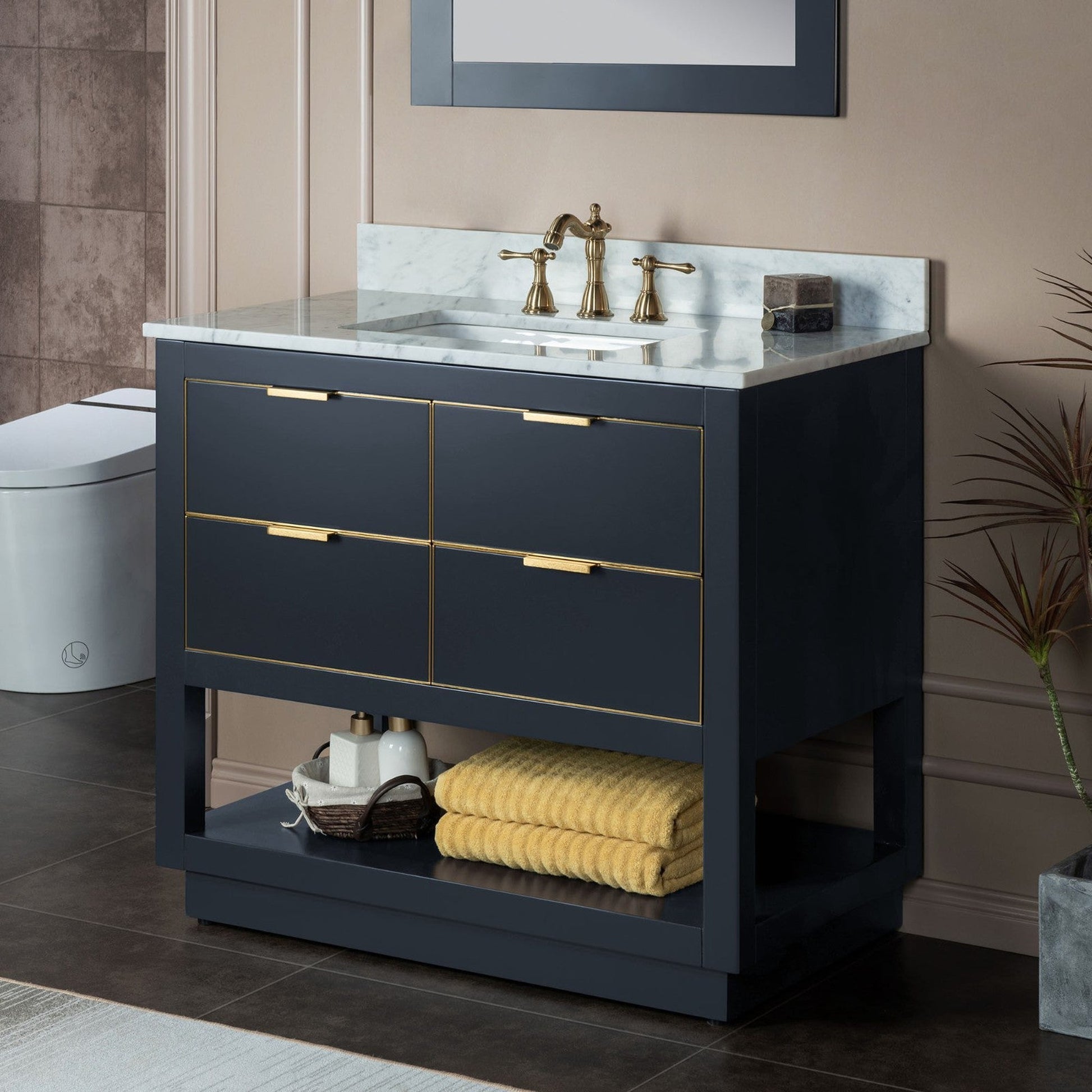 Woodbridge Venice 43" Gray and Gold Trim Solid Wood Vanity Base and Carrara Marble Top With 3 Pre-drilled Holes for 8" Widespread Faucet
