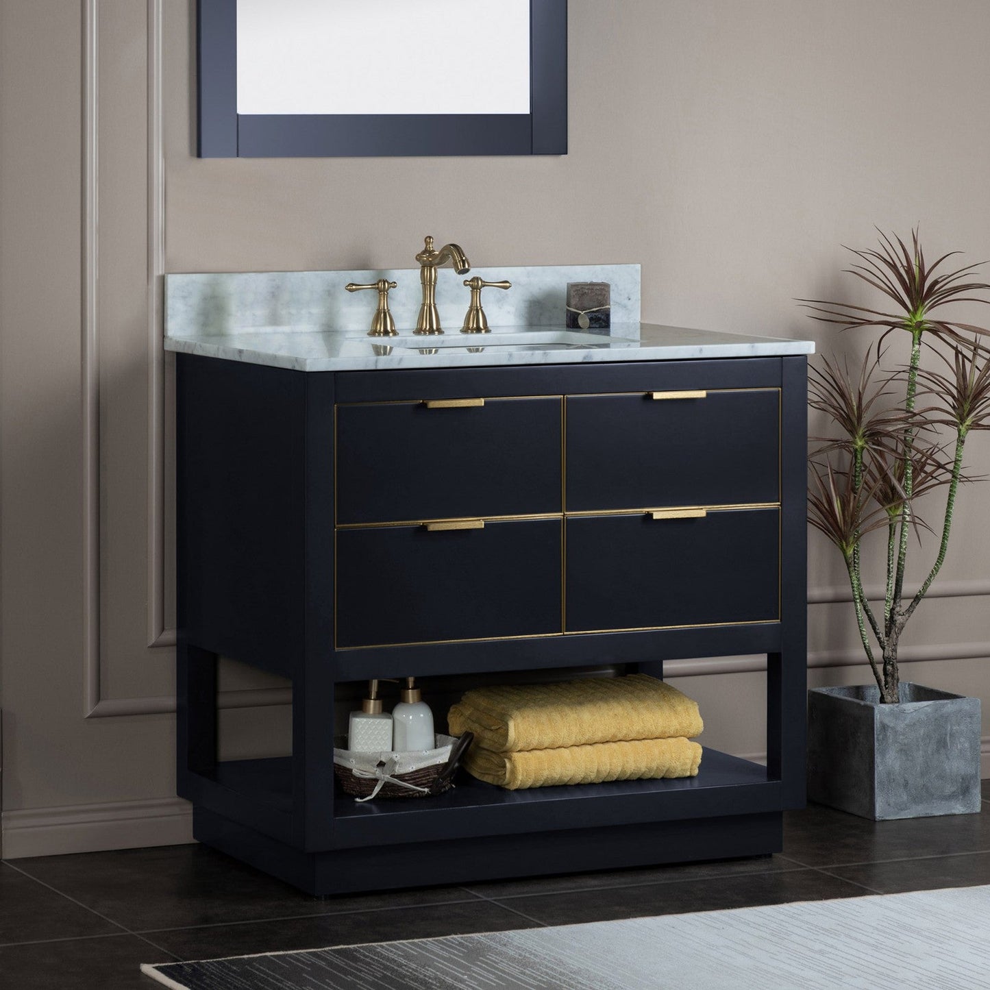 Woodbridge Venice 43" Gray and Gold Trim Solid Wood Vanity Base and Carrara Marble Top With 3 Pre-drilled Holes for 8" Widespread Faucet