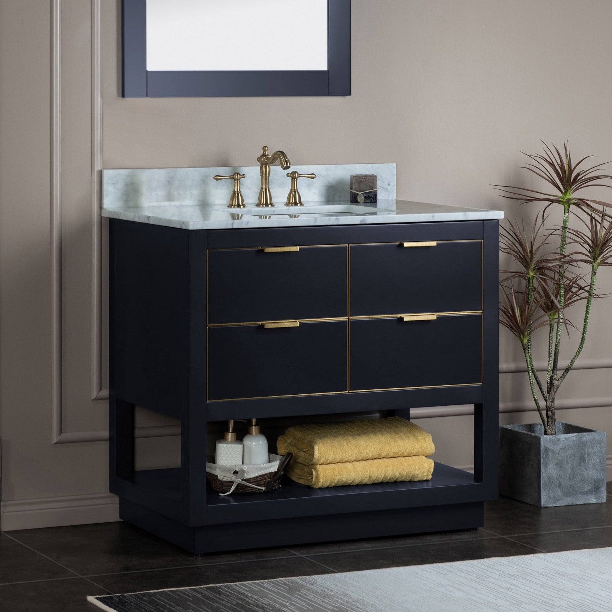 Woodbridge Venice 43" Gray and Gold Trim Solid Wood Vanity Base and Carrara Marble Top With 3 Pre-drilled Holes for 8" Widespread Faucet