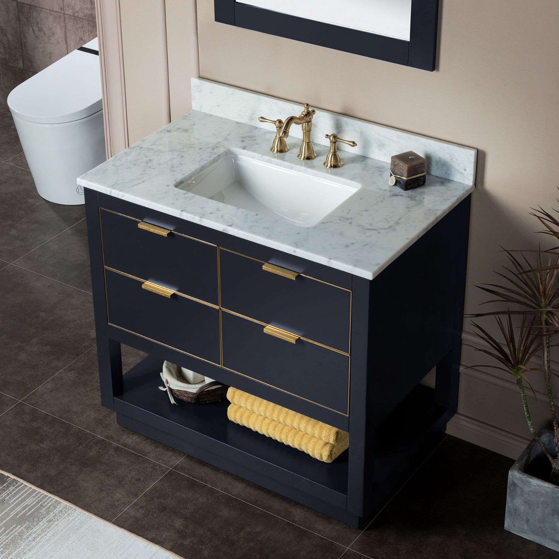 Woodbridge Venice 43" Gray and Gold Trim Solid Wood Vanity Base and Carrara Marble Top With 3 Pre-drilled Holes for 8" Widespread Faucet