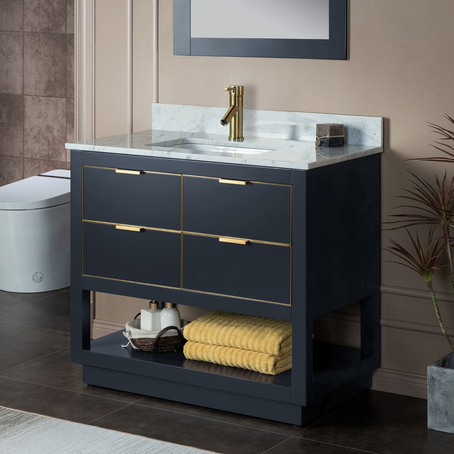 Woodbridge Venice 43" Gray and Gold Trim Solid Wood Vanity Base and Carrara Marble Top With Pre-Drilled Single Hole Faucet