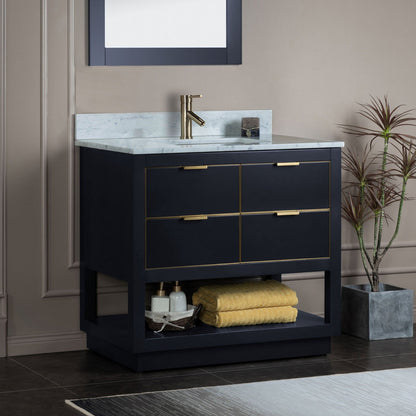Woodbridge Venice 43" Gray and Gold Trim Solid Wood Vanity Base and Carrara Marble Top With Pre-Drilled Single Hole Faucet
